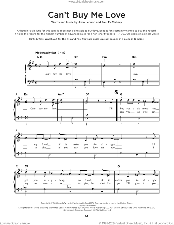 Can't Buy Me Love sheet music for piano solo by The Beatles, John Lennon and Paul McCartney, beginner skill level