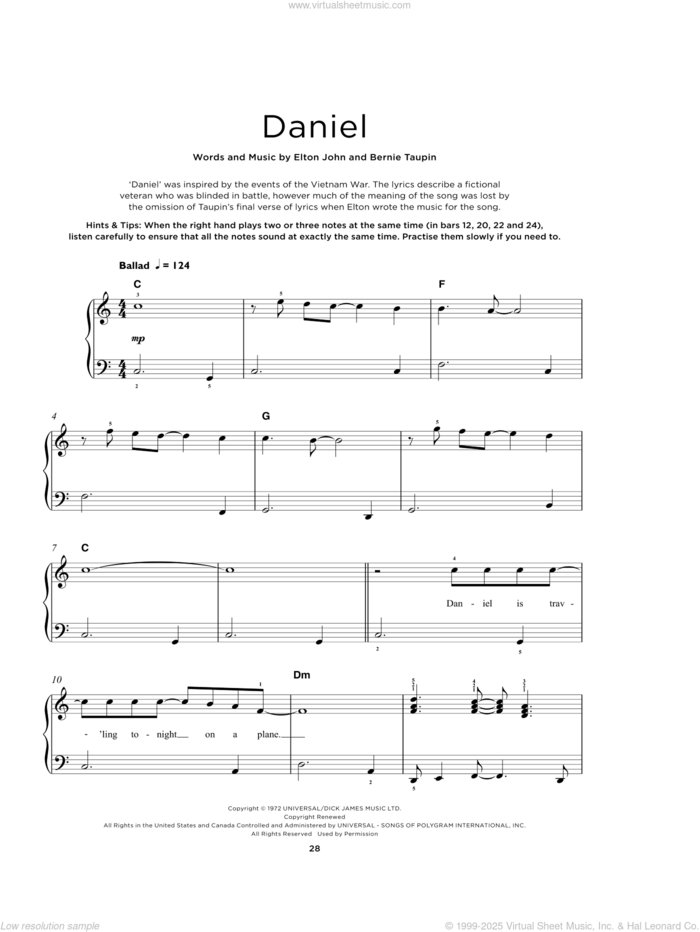 Daniel, (beginner) sheet music for piano solo by Elton John and Bernie Taupin, beginner skill level