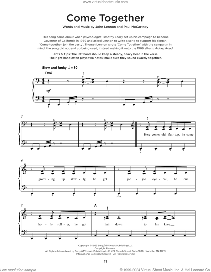 Come Together sheet music for piano solo by The Beatles, John Lennon and Paul McCartney, beginner skill level