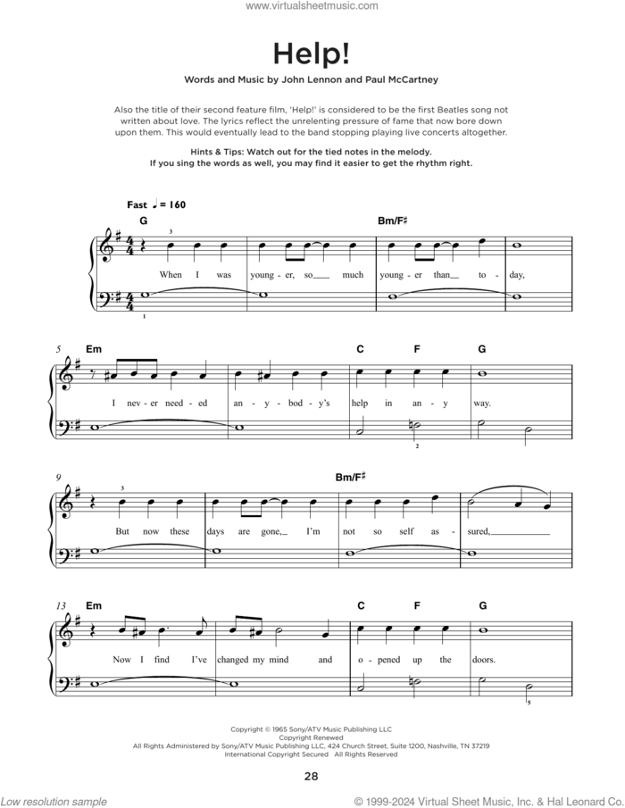 Help! sheet music for piano solo by The Beatles, John Lennon and Paul McCartney, beginner skill level