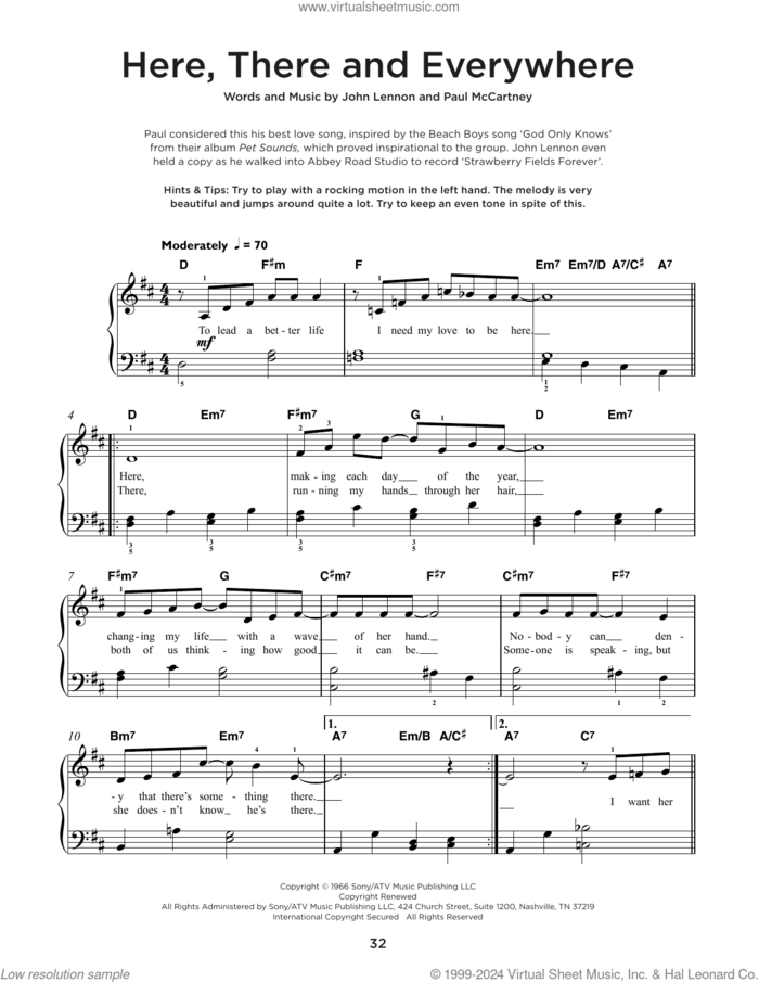 Here, There And Everywhere sheet music for piano solo by The Beatles, John Lennon and Paul McCartney, beginner skill level