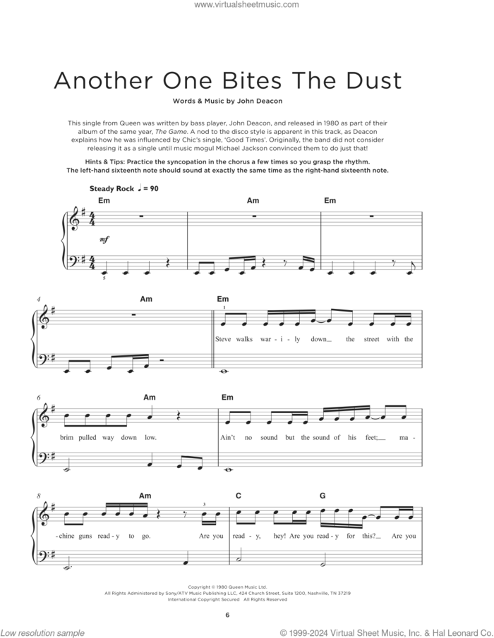 Another One Bites The Dust, (beginner) sheet music for piano solo by Queen and John Deacon, beginner skill level