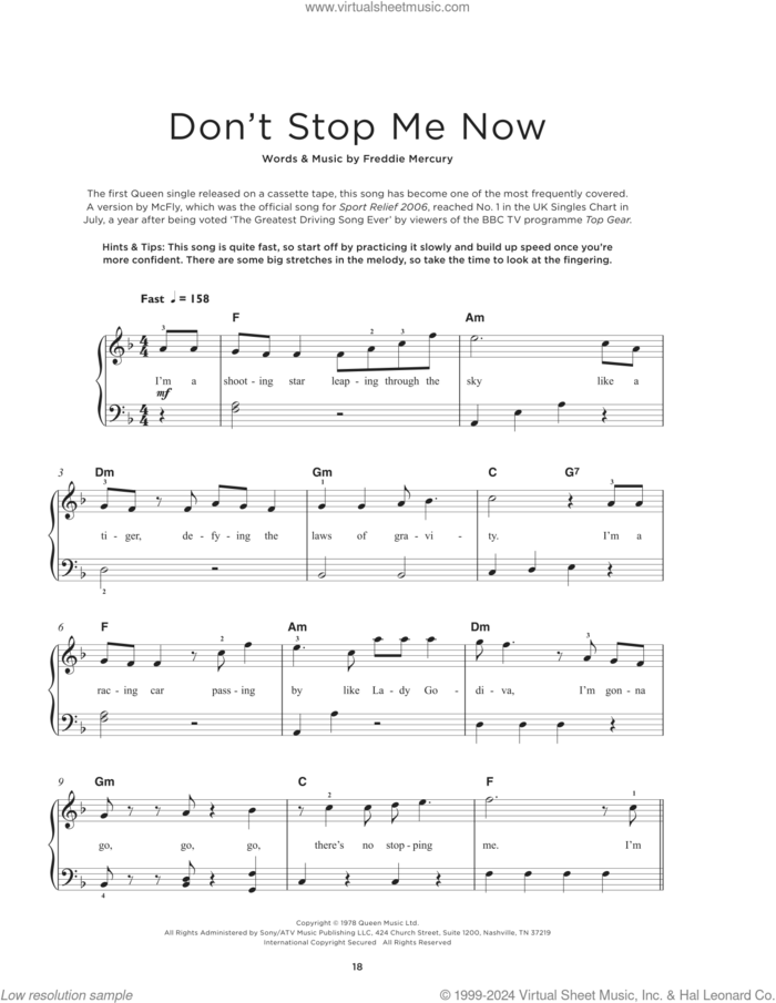 Don't Stop Me Now sheet music for piano solo by Queen and Freddie Mercury, beginner skill level