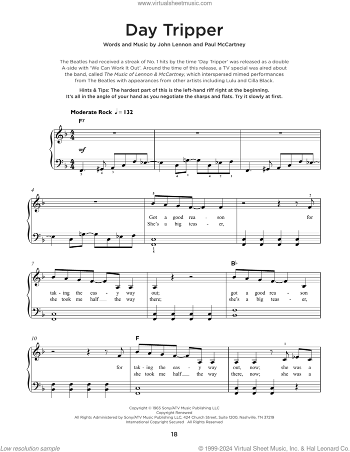 Day Tripper sheet music for piano solo by The Beatles, John Lennon and Paul McCartney, beginner skill level