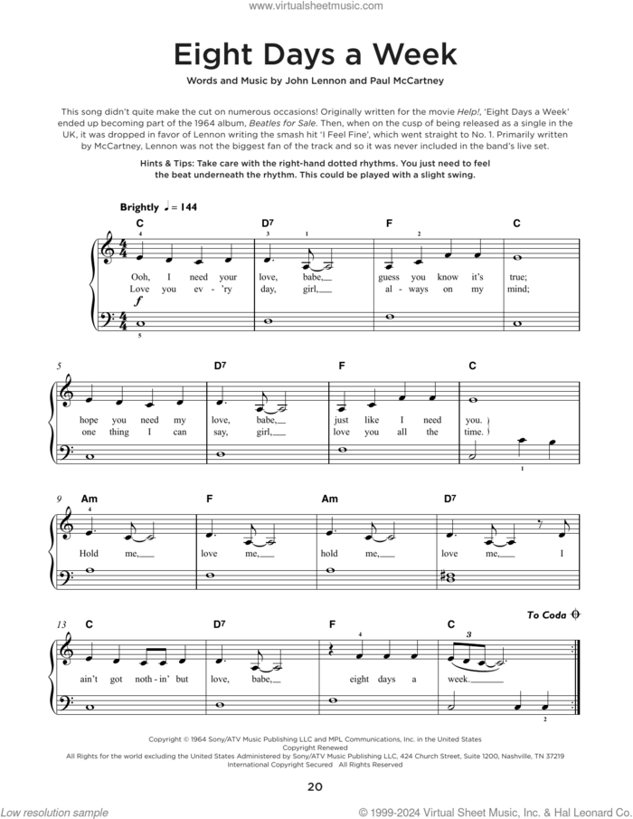 Eight Days A Week sheet music for piano solo by The Beatles, John Lennon and Paul McCartney, beginner skill level