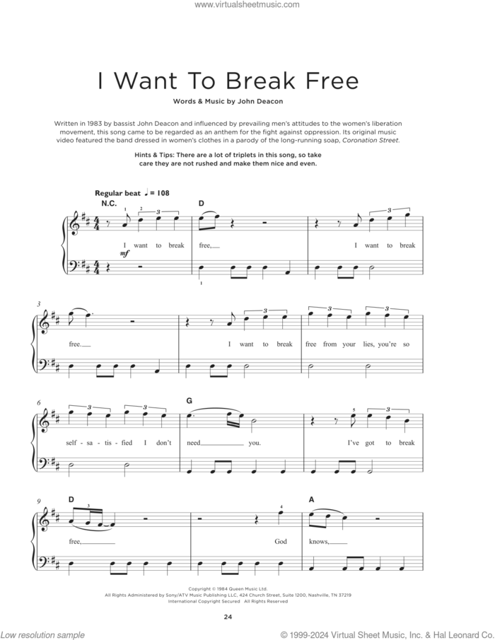 I Want To Break Free, (beginner) sheet music for piano solo by Queen and John Deacon, beginner skill level