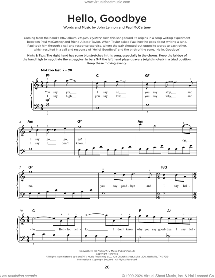 Hello, Goodbye, (beginner) sheet music for piano solo by The Beatles, John Lennon and Paul McCartney, beginner skill level