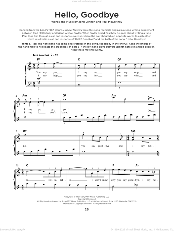 Hello, Goodbye, (beginner) sheet music for piano solo by The Beatles, John Lennon and Paul McCartney, beginner skill level