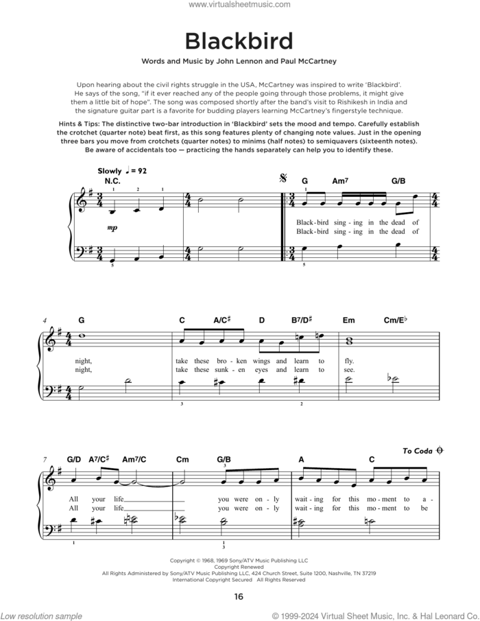 Blackbird sheet music for piano solo by The Beatles, John Lennon and Paul McCartney, beginner skill level