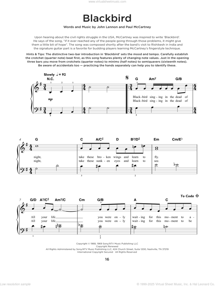 Blackbird sheet music for piano solo by The Beatles, John Lennon and Paul McCartney, beginner skill level