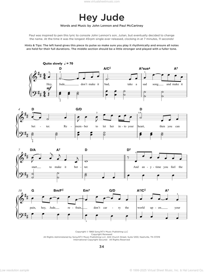 Hey Jude sheet music for piano solo by The Beatles, John Lennon and Paul McCartney, beginner skill level