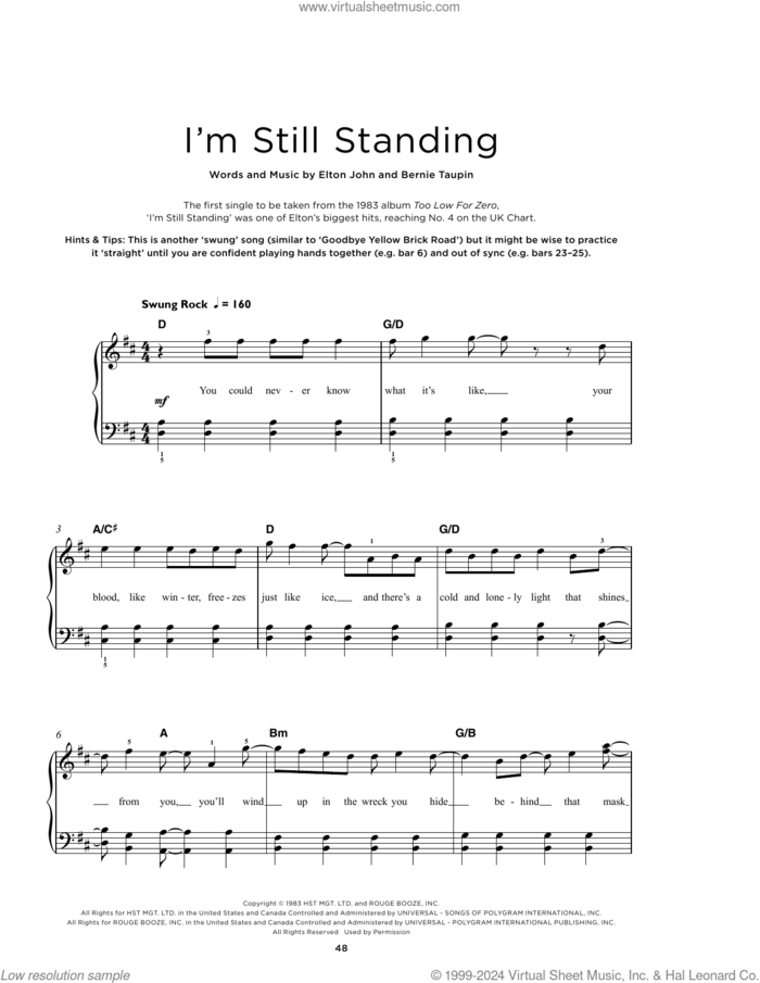 I'm Still Standing sheet music for piano solo by Elton John and Bernie Taupin, beginner skill level