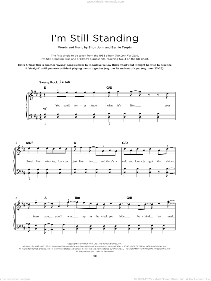 I'm Still Standing sheet music for piano solo by Elton John and Bernie Taupin, beginner skill level