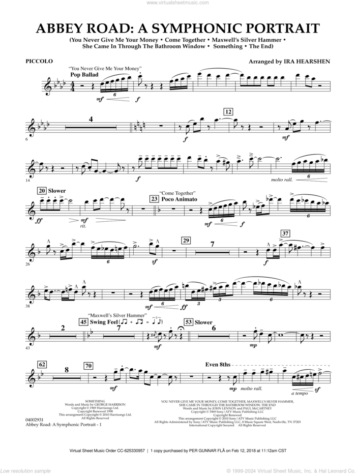 Abbey Road, a symphonic portrait sheet music for concert band (piccolo) by The Beatles and Ira Hearshen, intermediate skill level