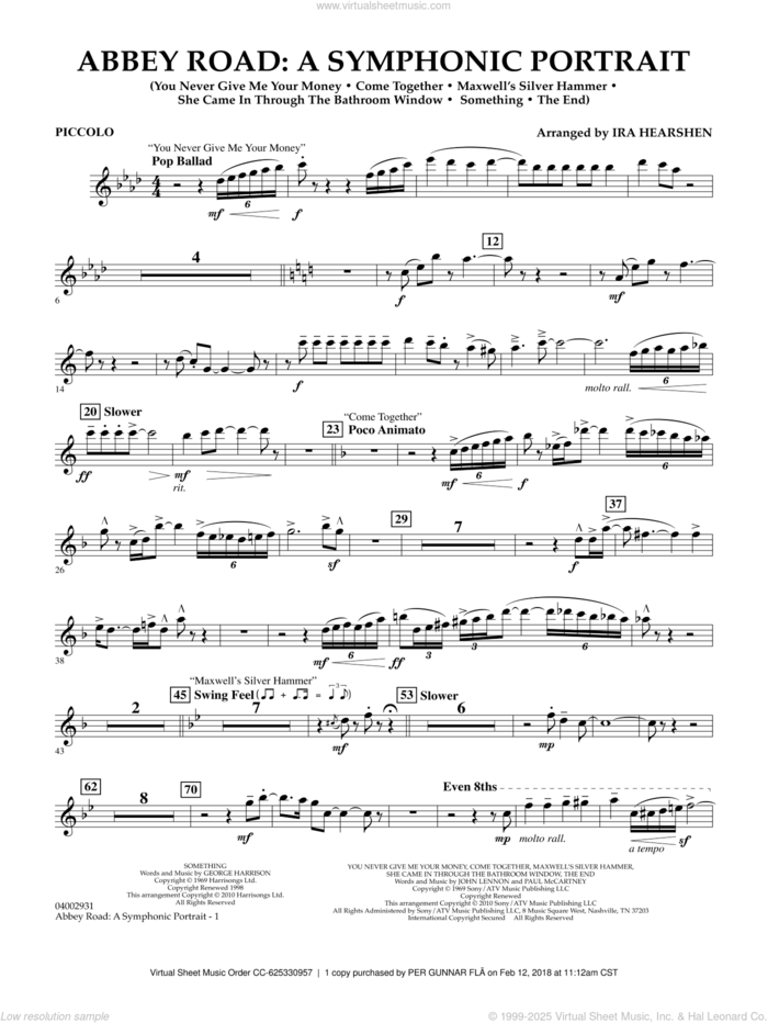 Abbey Road, a symphonic portrait sheet music for concert band (piccolo) by The Beatles and Ira Hearshen, intermediate skill level