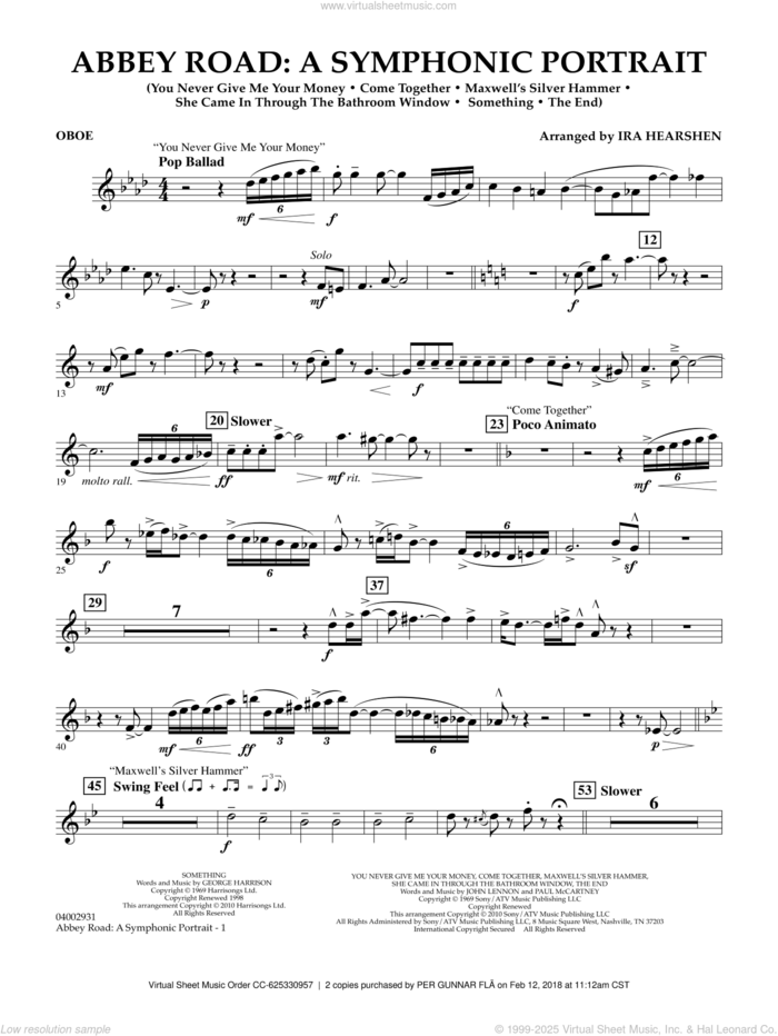 Abbey Road, a symphonic portrait sheet music for concert band (oboe) by The Beatles and Ira Hearshen, intermediate skill level