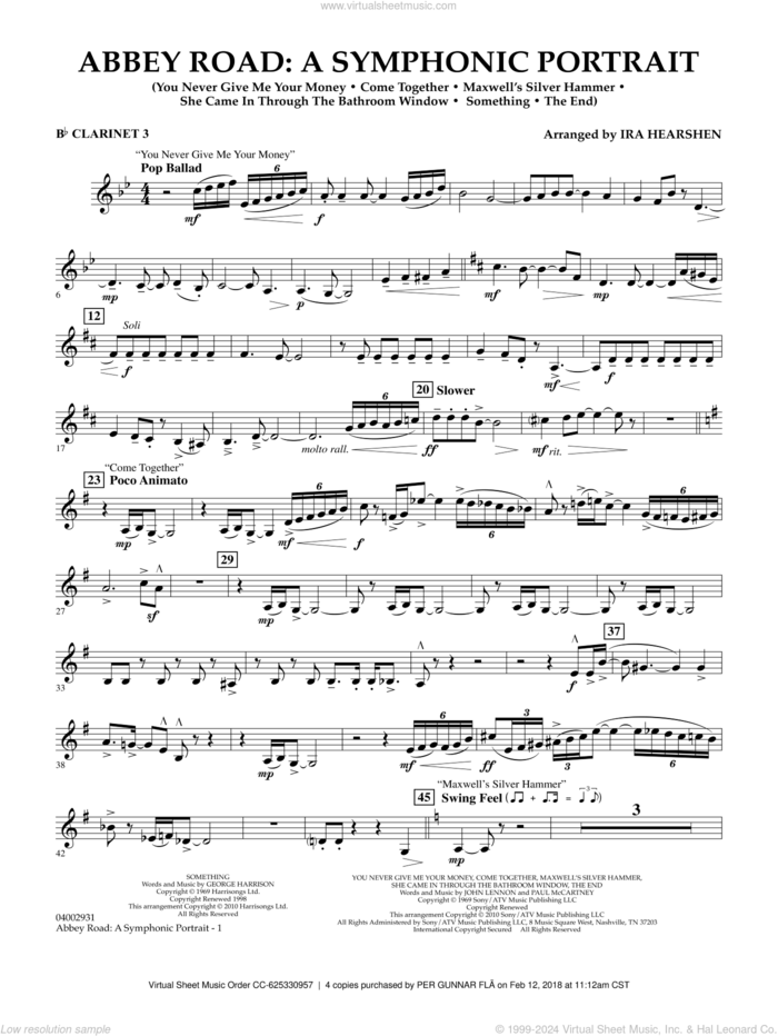 Abbey Road, a symphonic portrait sheet music for concert band (Bb clarinet 3) by The Beatles and Ira Hearshen, intermediate skill level