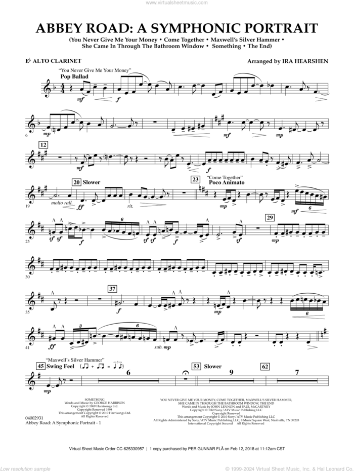 Abbey Road, a symphonic portrait sheet music for concert band (Eb alto clarinet) by The Beatles and Ira Hearshen, intermediate skill level