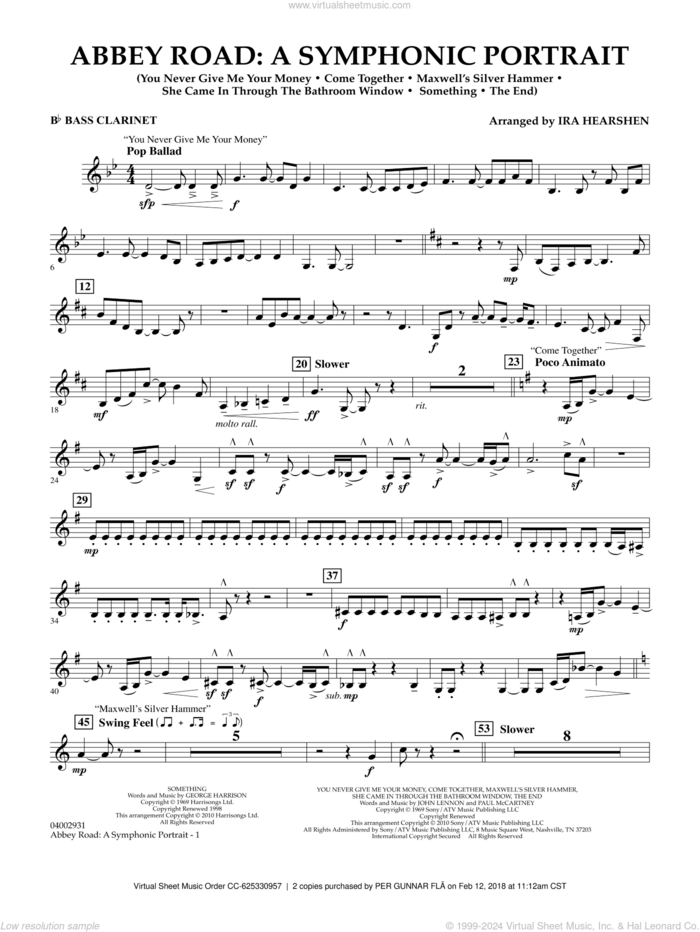 Abbey Road, a symphonic portrait sheet music for concert band (Bb bass clarinet) by The Beatles and Ira Hearshen, intermediate skill level