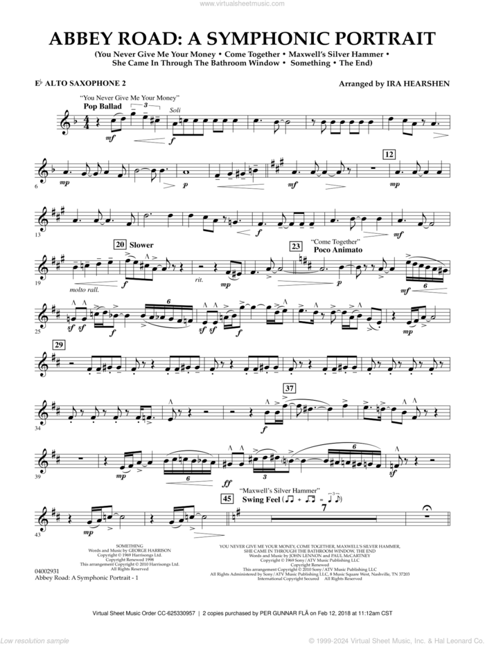 Abbey Road, a symphonic portrait sheet music for concert band (Eb alto saxophone 2) by The Beatles and Ira Hearshen, intermediate skill level