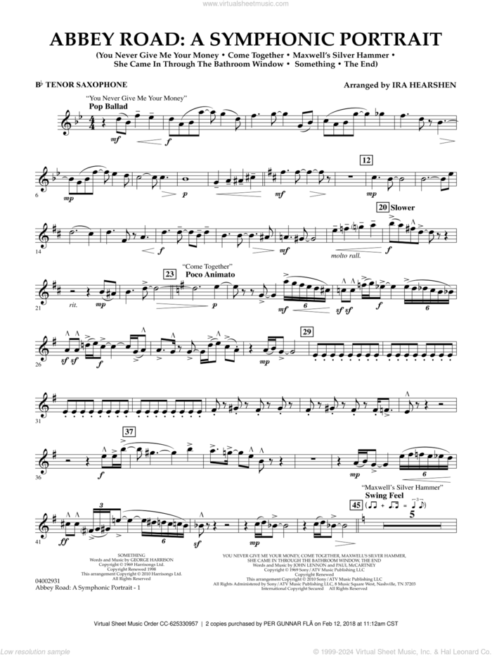 Abbey Road, a symphonic portrait sheet music for concert band (Bb tenor saxophone) by The Beatles and Ira Hearshen, intermediate skill level