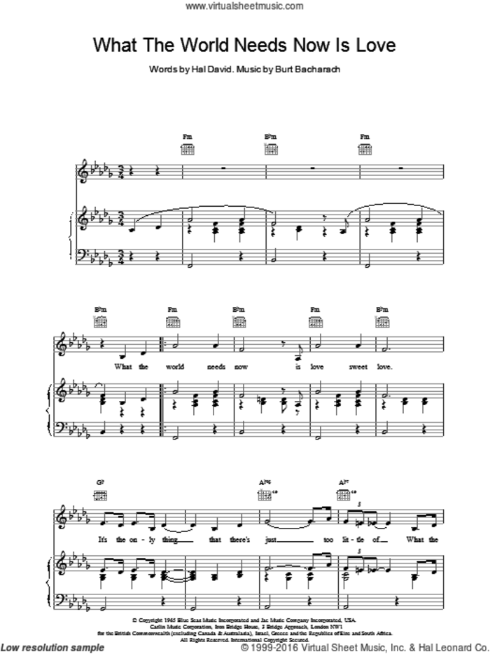 What The World Needs Now Is Love sheet music for voice, piano or guitar by Burt Bacharach, Bacharach & David and Hal David, intermediate skill level