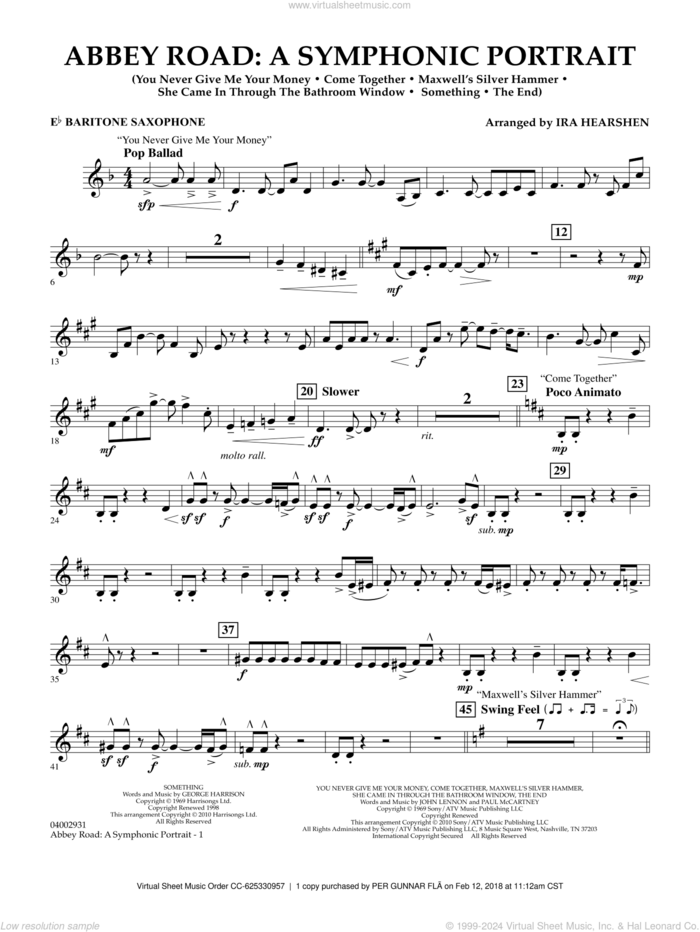 Abbey Road, a symphonic portrait sheet music for concert band (Eb baritone saxophone) by The Beatles and Ira Hearshen, intermediate skill level