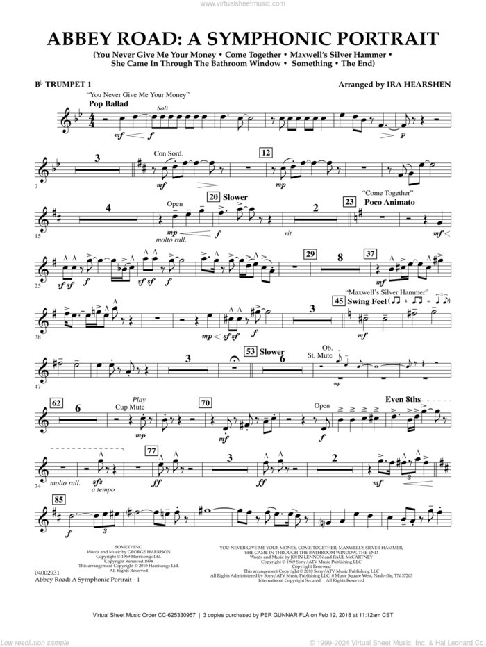 Abbey Road, a symphonic portrait sheet music for concert band (Bb trumpet 1) by The Beatles and Ira Hearshen, intermediate skill level