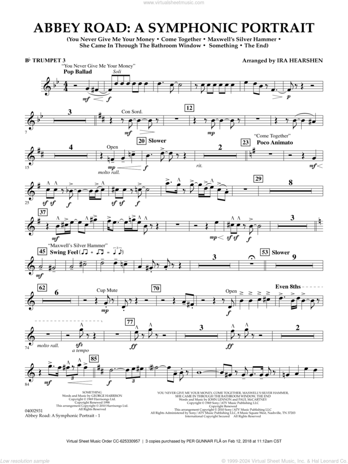 Abbey Road, a symphonic portrait sheet music for concert band (Bb trumpet 3) by The Beatles and Ira Hearshen, intermediate skill level
