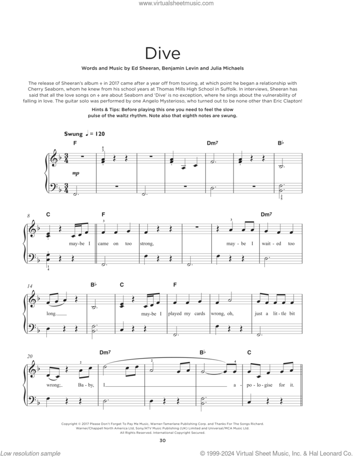 Dive sheet music for piano solo by Ed Sheeran, Benjamin Levin and Julia Michaels, beginner skill level
