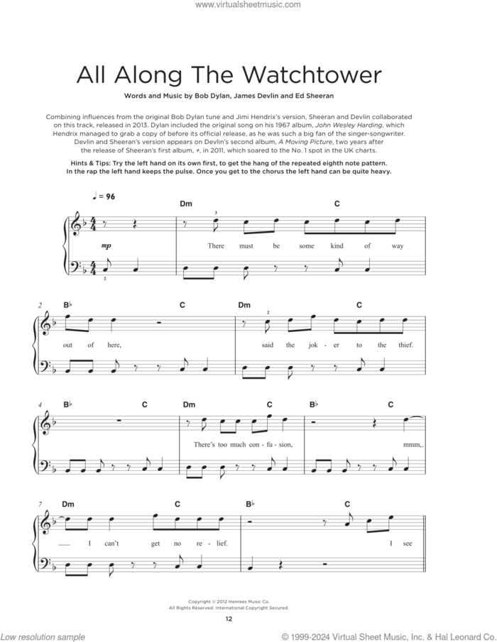 All Along The Watchtower sheet music for piano solo by Devlin and Ed Sheeran, Jimi Hendrix, U2 and Bob Dylan, beginner skill level