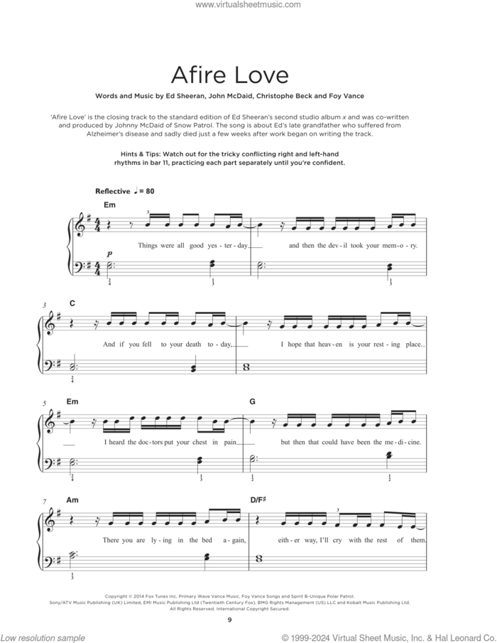 Afire Love, (beginner) sheet music for piano solo by Ed Sheeran, Christophe Beck, Foy Vance and John McDaid, beginner skill level