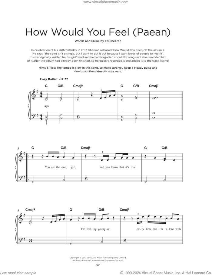 How Would You Feel (Paean), (beginner) sheet music for piano solo by Ed Sheeran, beginner skill level
