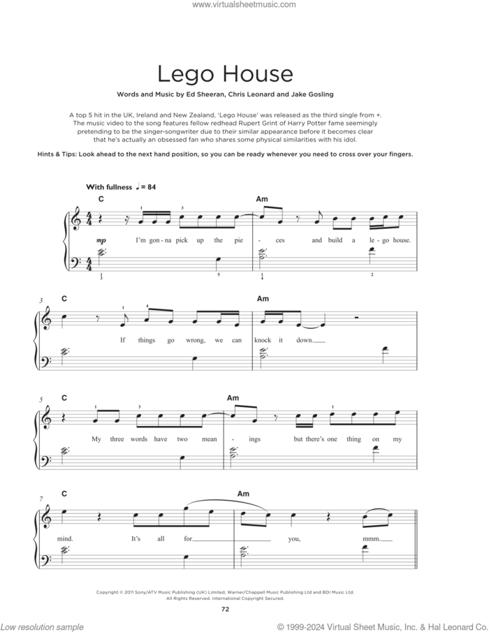 Lego House, (beginner) sheet music for piano solo by Ed Sheeran, Chris Leonard and Jake Gosling, beginner skill level