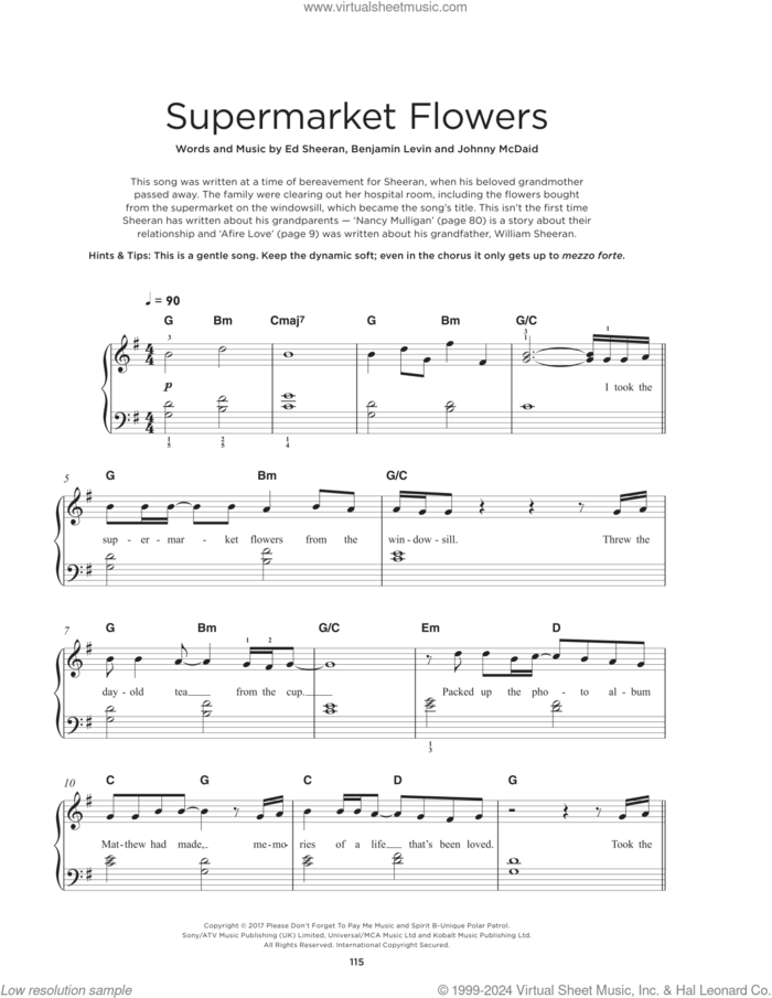 Supermarket Flowers, (beginner) sheet music for piano solo by Ed Sheeran, Benjamin Levin and Johnny McDaid, beginner skill level