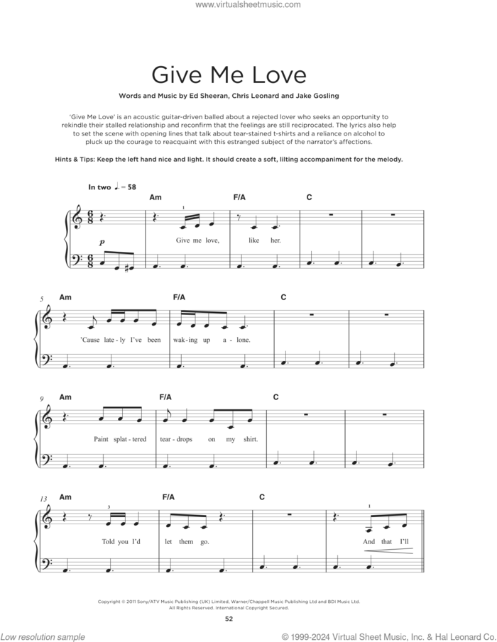 Give Me Love, (beginner) sheet music for piano solo by Ed Sheeran, Chris Leonard and Jake Gosling, beginner skill level