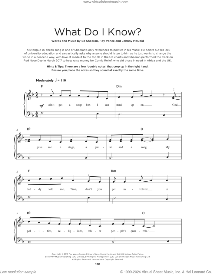 What Do I Know?, (beginner) sheet music for piano solo by Ed Sheeran, Foy Vance and Johnny McDaid, beginner skill level