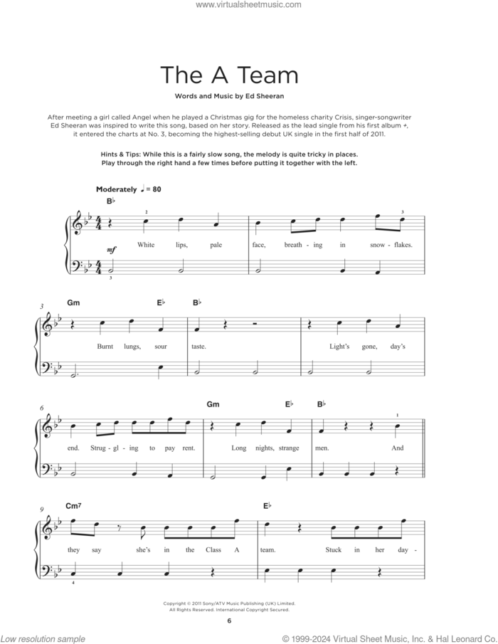 The A Team, (beginner) sheet music for piano solo by Ed Sheeran, beginner skill level