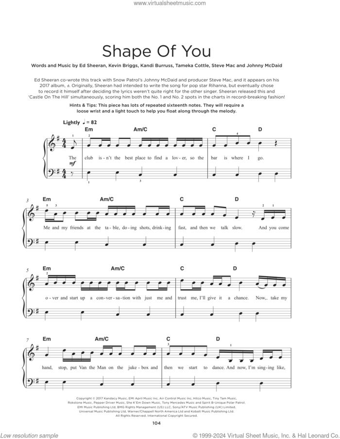 Shape Of You sheet music for piano solo by Ed Sheeran, Johnny McDaid, Kandi Burruss, Kevin Briggs, Steve Mac and Tameka Cottle, beginner skill level
