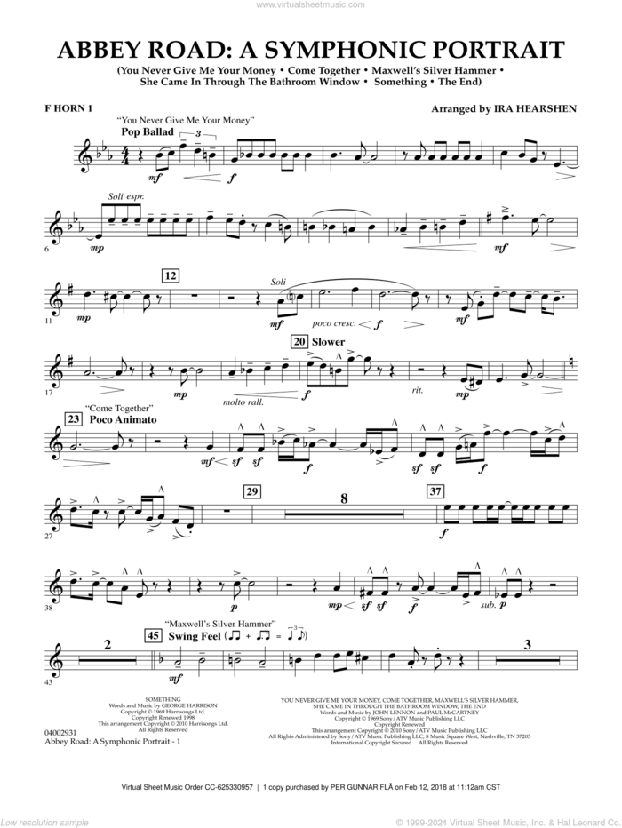 Abbey Road, a symphonic portrait sheet music for concert band (horn 1 in f) by The Beatles and Ira Hearshen, intermediate skill level