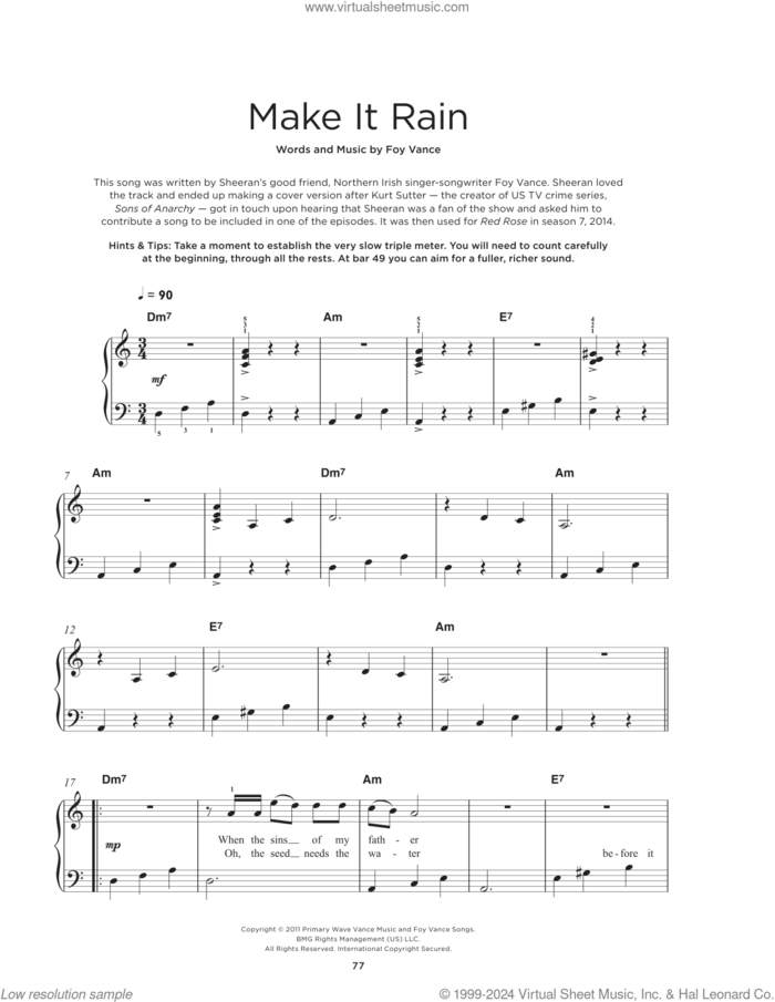 Make It Rain sheet music for piano solo by Ed Sheeran and Foy Vance, beginner skill level