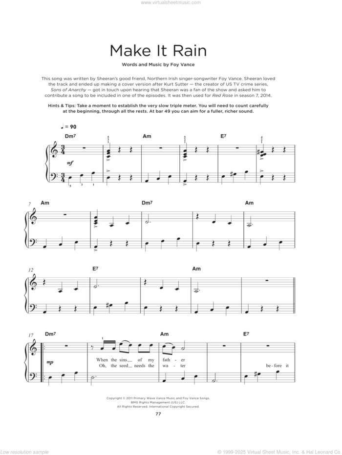 Make It Rain sheet music for piano solo by Ed Sheeran and Foy Vance, beginner skill level