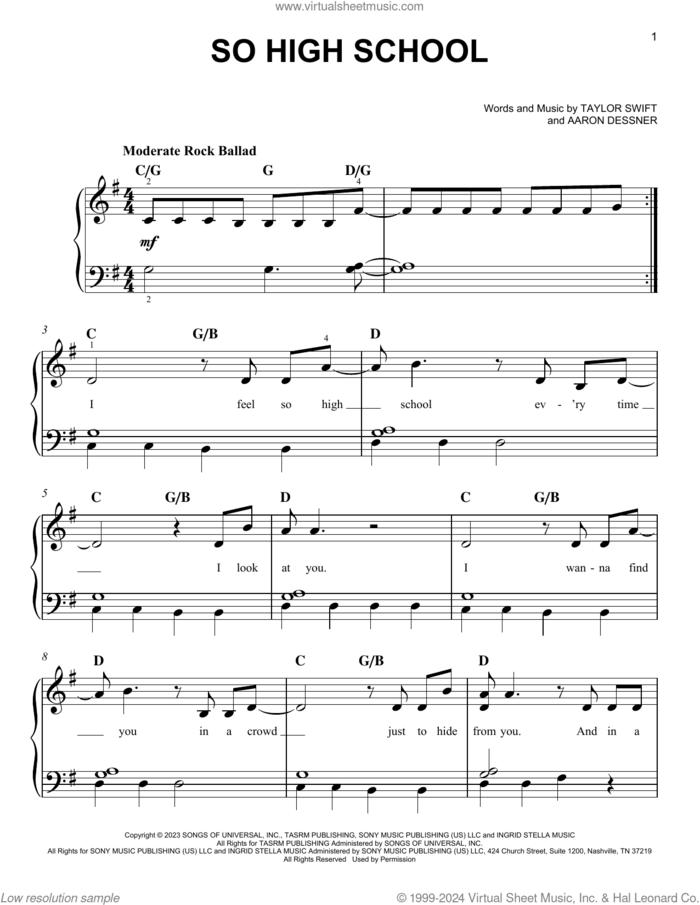 So High School sheet music for piano solo by Taylor Swift and Aaron Dessner, easy skill level