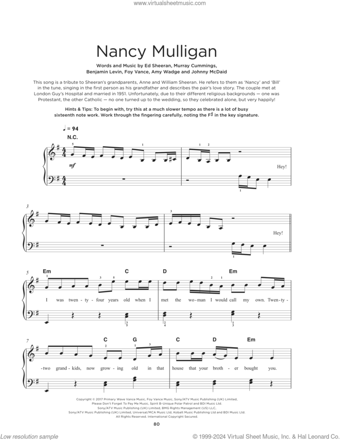 Nancy Mulligan sheet music for piano solo by Ed Sheeran, Amy Wadge, Benjamin Levin, Foy Vance, Johnny McDaid and Murray Cummings, beginner skill level