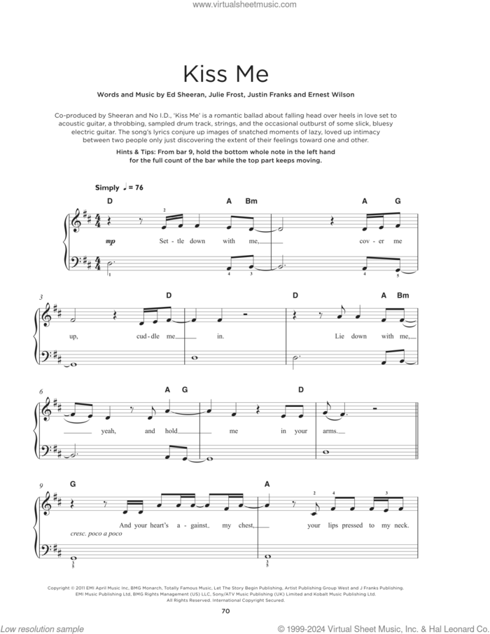 Kiss Me, (beginner) sheet music for piano solo by Ed Sheeran, Ernest Wilson, Julie Frost and Justin Franks, wedding score, beginner skill level