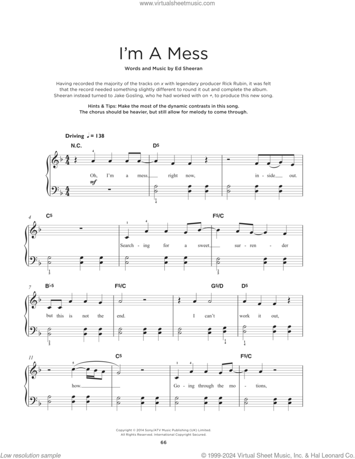 I'm A Mess sheet music for piano solo by Ed Sheeran, beginner skill level
