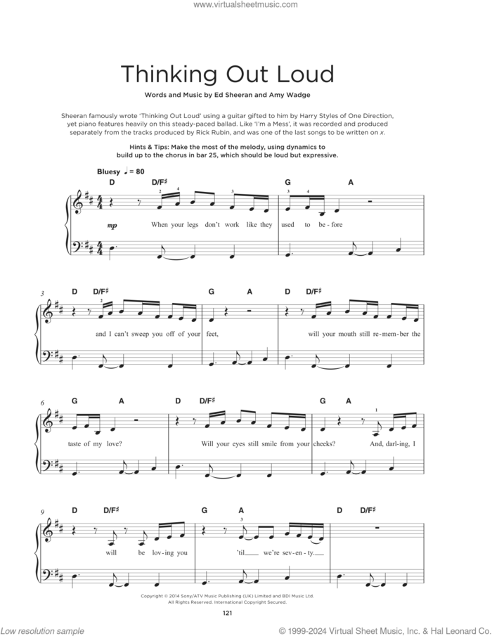 Thinking Out Loud sheet music for piano solo by Ed Sheeran and Amy Wadge, beginner skill level