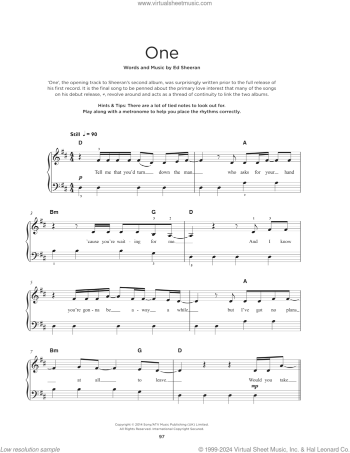 One, (beginner) sheet music for piano solo by Ed Sheeran, beginner skill level