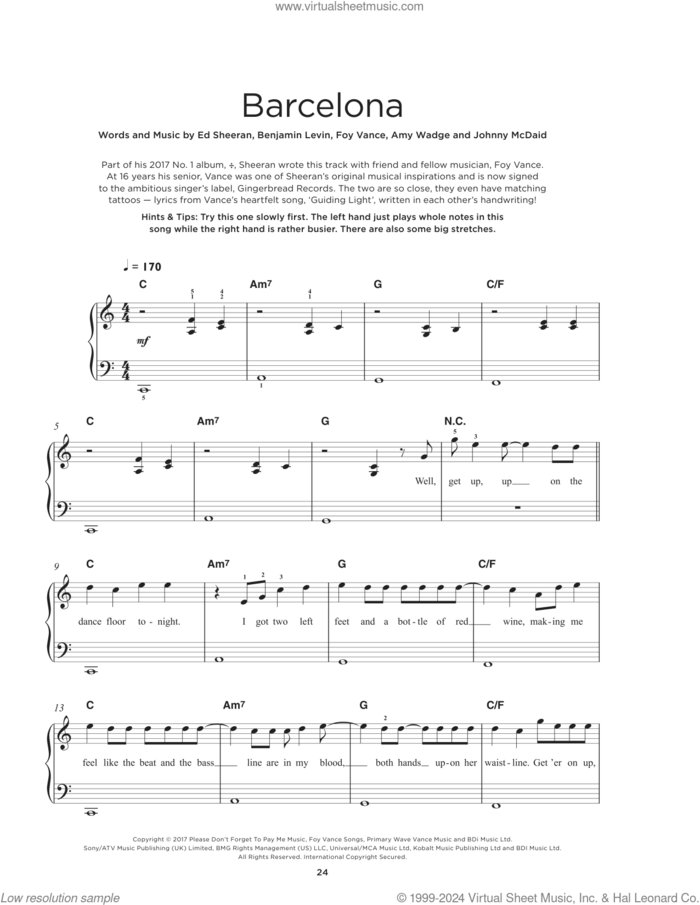 Barcelona sheet music for piano solo by Ed Sheeran, Amy Wadge, Benjamin Levin, Foy Vance and Johnny McDaid, beginner skill level