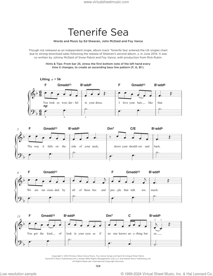 Tenerife Sea sheet music for piano solo by Ed Sheeran, Foy Vance and John McDaid, beginner skill level